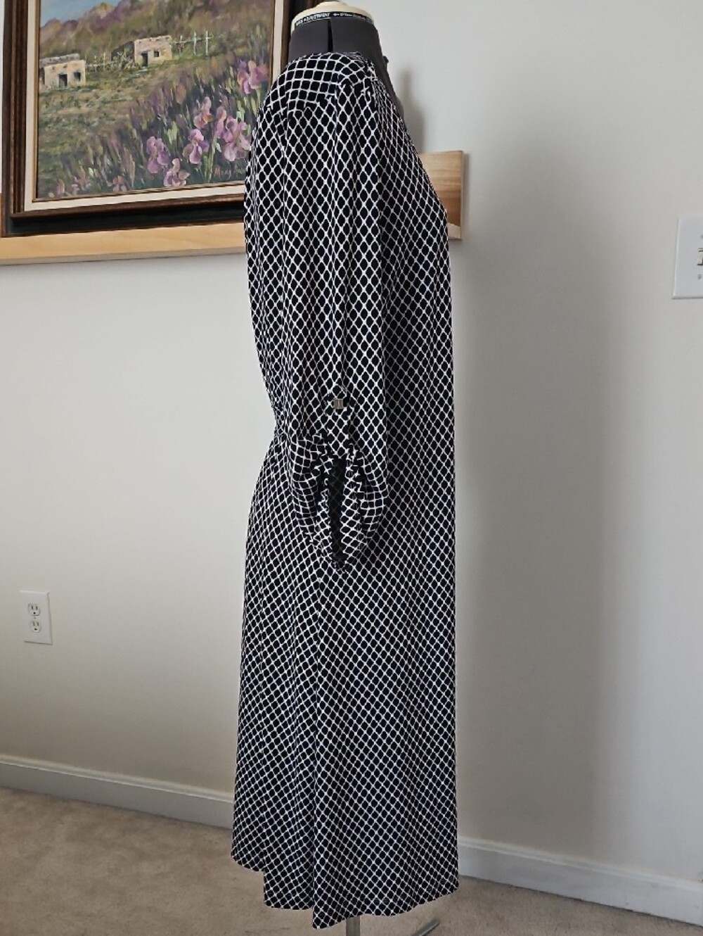 Calvin Klein Black and White Geometric Midi Wrap Dress - Picture 3 of 6